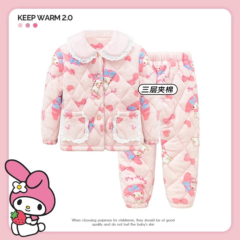 通学 冬のマイメロディ女子3層綿パジャマ厚手保温フランネル子供部屋着セット 保育園 小学部