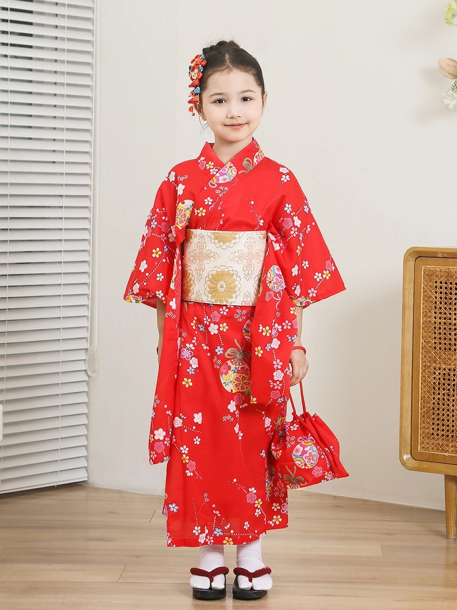 人気の新作 浴衣 子供 女の子 【浴衣 帯 巾着袋 髪飾り4点セット 】 100~140cm 浴衣セット 作り帯 花柄 立体成型帯 レトロ 古典柄 キッズ ジュニア パフォーマンスコスチューム 花火