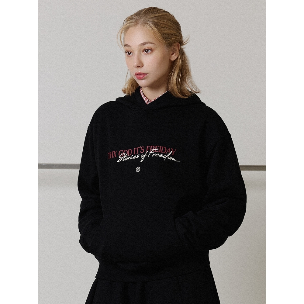 FREI スローガンレタリングフード付きTシャツ (ブラック)