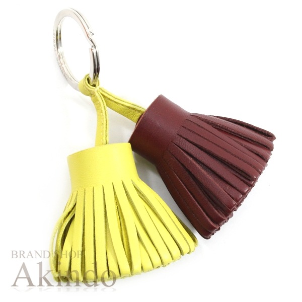 【新品】エルメス キーホルダー バッグ チャーム カルメン ウノドス ラムスキン ライム×ルージュグレナ (黄/赤茶) タッセル キーリング シルバー金具 HERMES 人気 プレゼント ギフト