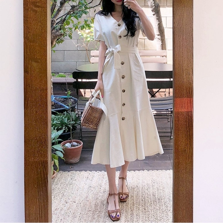 レディース ボタンタックロングワンピース ワンピース ドレス シャツワンピース ミモレ丈ドレス ロン
