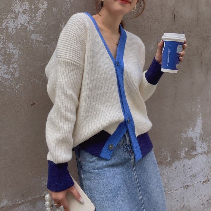 2021年 秋冬 2color 配色 Vネック ニット カーディガン レディース トップス 長袖 カジュアル かわいい フェミニン きれいめ 大人可愛い きれいめカジュアル 大人ガーリー 大人カジュア