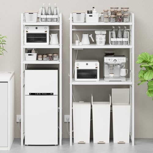 TKUIN ゴミ箱上ラック 冷蔵庫上ラック 【幅50～80cm伸縮可2口コンセント付き】電子レンジラック 洗濯機ラック レンジ台 棚高さ調整可 トースター置き台 多機能 伸縮キッチンラック 3段 キ