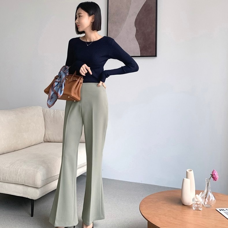 トップス カットソー 袖あり 長袖 萌袖 Uネック ラウンドネック 襟なし スリム タイト 細身 リブ 伸縮性 かわいい 大人可愛い きれいめ シンプル カ