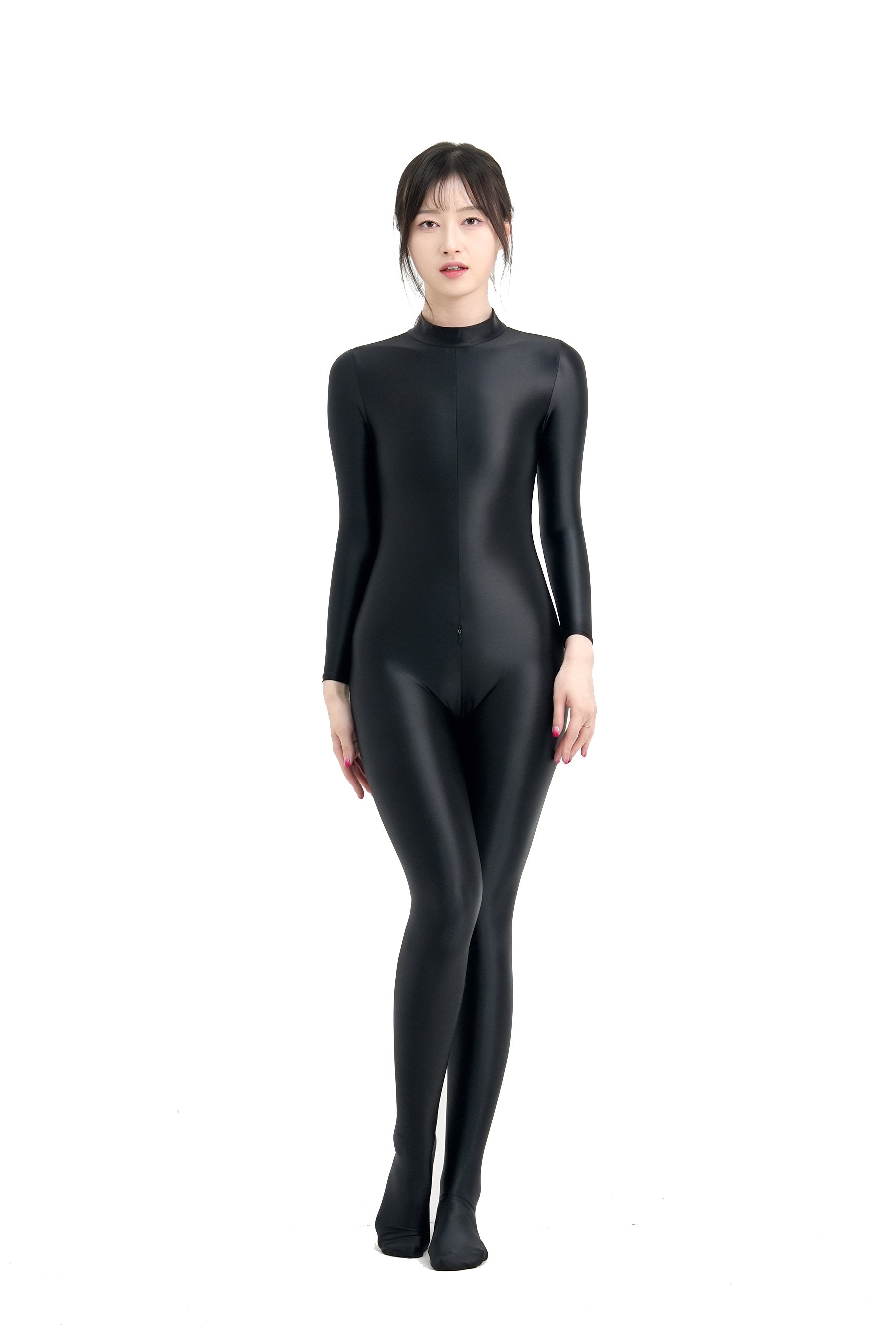 ハイネック全身タイツ 胸元ロングファスナー 長袖レオタード 伸縮少なめ ストレッチ素材 激密着 目立つレースクイーン キャンペーンガール パーティー 大胆 新体操 コスプレ衣装…