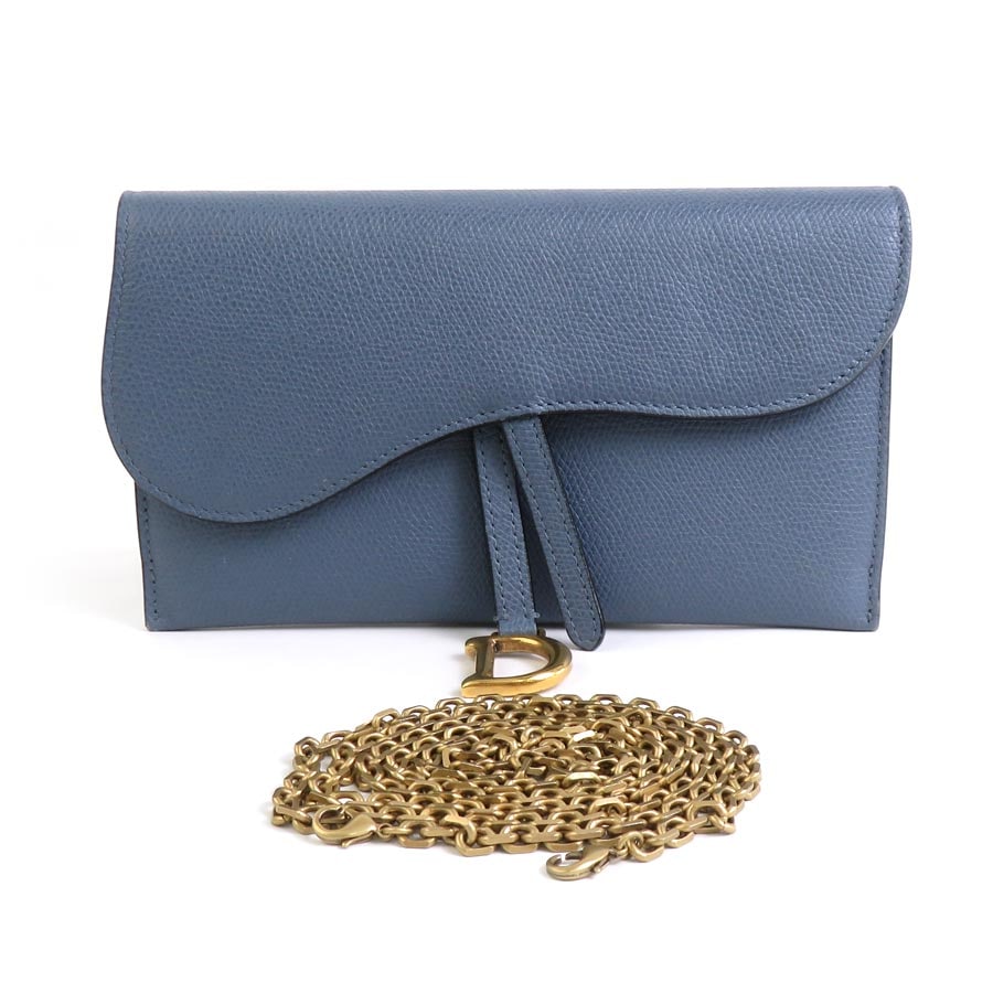 クリスチャンディオール Christian Dior ウォレットチェーン 長財布 サドル レザー ダークブルー ゴールド レディース e59142j
