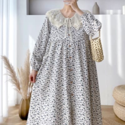 柄マタニティワンピース ワンピース ミモレ丈 長袖 ラウンドネック ワイド Aライン レース 刺繍