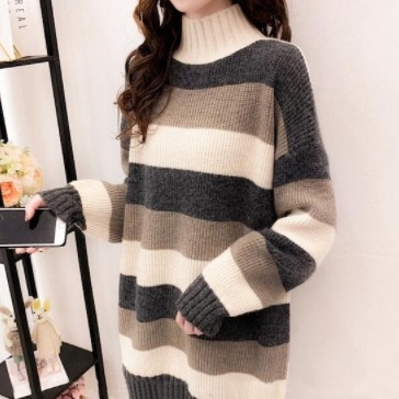 マルチカラー配色 ざっくり編み ローゲージ トップス ニットソー セーター プルオーバー チュニック