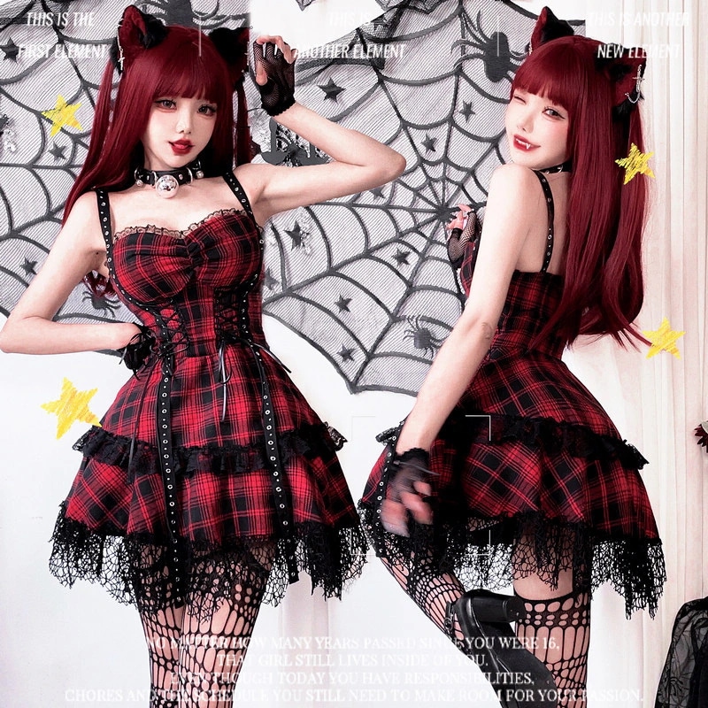 ヨーロッパとアメリカのダークゴシックサブカルチャーレースホットガールスウィートクールY2K赤と黒のロリータドレスソングパフォーマンスコスチューム
