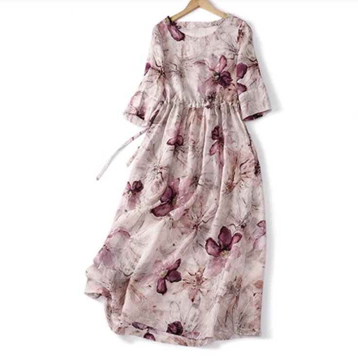 レディース スカート ワンピース プルオーバー ドレス ロングスカート ロング 5分袖 ラウンドネック 襟なし Aライン ウエストマーク ハイウエスト 薄手 かわいい 大人可愛い きれいめ シンプル