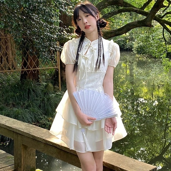 ワンピース ミニワンピース チャイナドレス 半袖 ハイネック パフスリーブ フレアスカート 段フリル 刺繡 シースルー 透け感 かわいい 大人可愛い きれいめ シンプル 上品 おしゃれ かっこいい