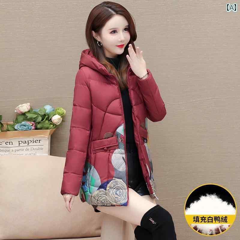 ジャケット ダウンジャケット レディース 大きいサイズ 冬 プリント ダウン 女性 60歳 厚手 暖かい フード