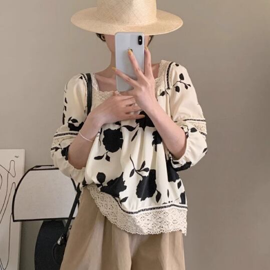 ボタニカル ボリューム袖 トップス 5分袖 7分袖 スクエアネック フレア レース シフォン ふわふわ ふっくら かわいい 大人可愛い カジュアル 上品 おしゃれ レトロ こなれ感 ラフ ルーズ モダ