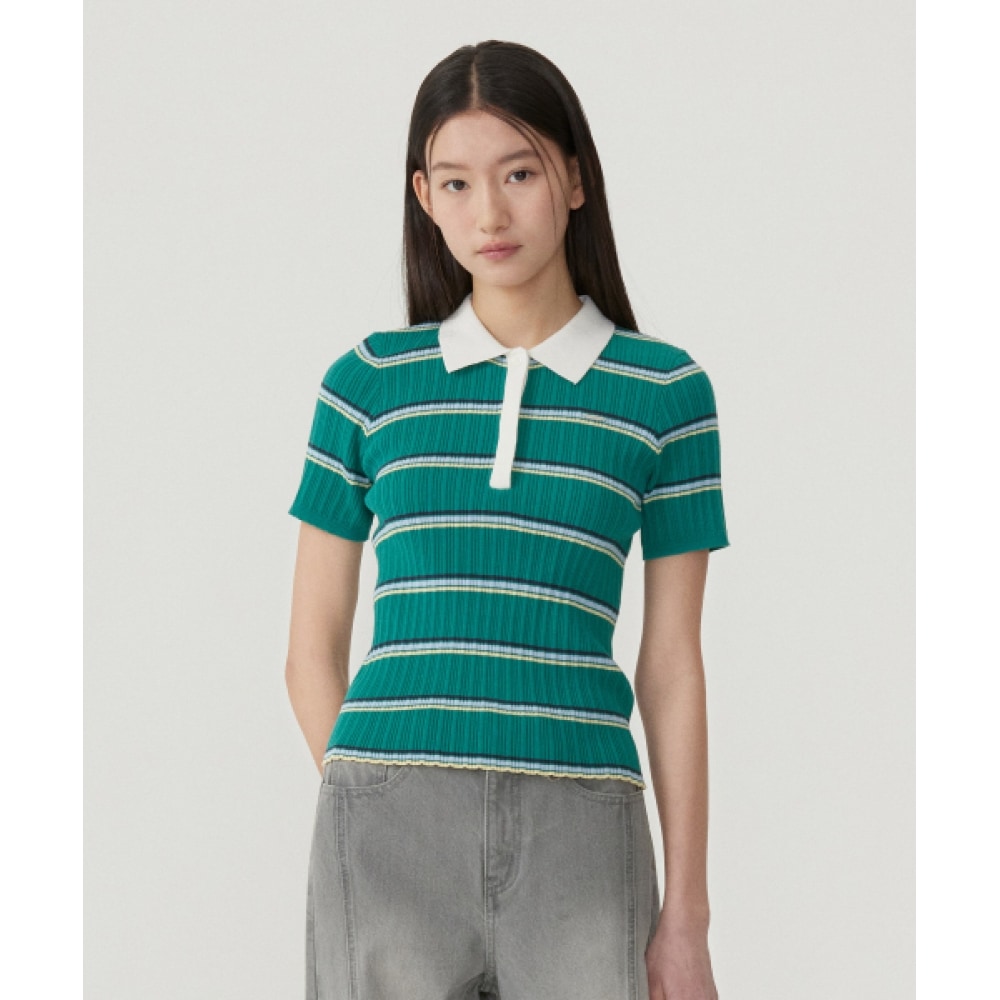 COVERNAT 女性用ストライプカラーハーフニットグリーン
