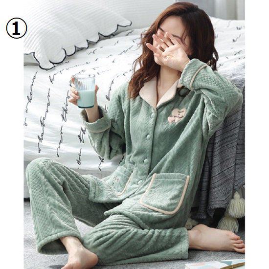 ルームウェア レディース 上下セット 2点セット セットアップ 長袖 長ズボン 大きいサイズ かわいい パジャマ ナイトウェア 寝巻き 部屋着 おうち服 前開き秋冬 暖かい フランネル フリース ポケ