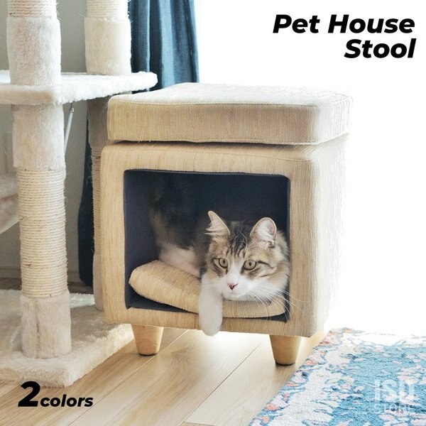 ペットハウス スツール 犬 猫 ペット クッション付き 脚付き 天然木 かわいい 収納 スクエア P