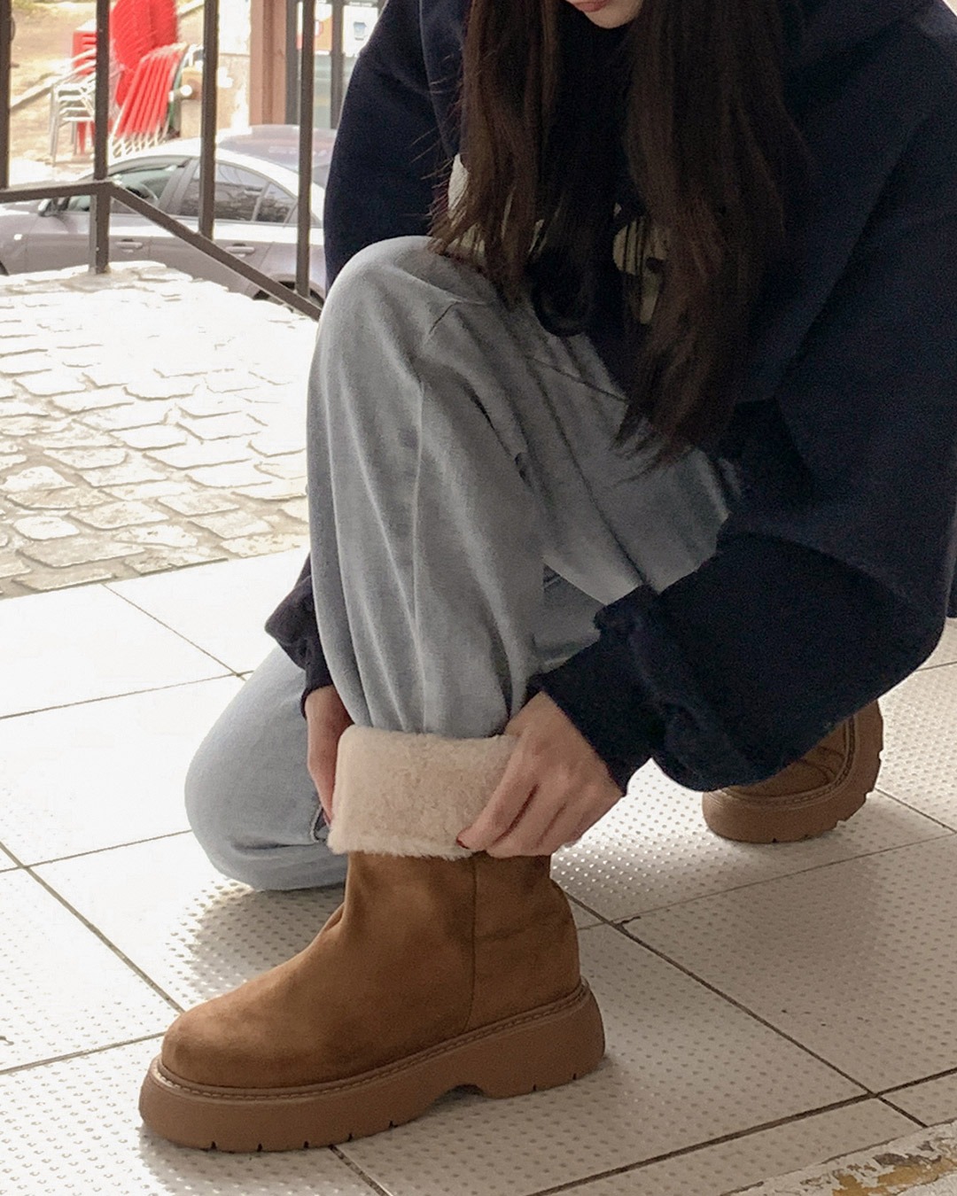 スウェードミドル丈ボアブーツ韓国ファッション レディース