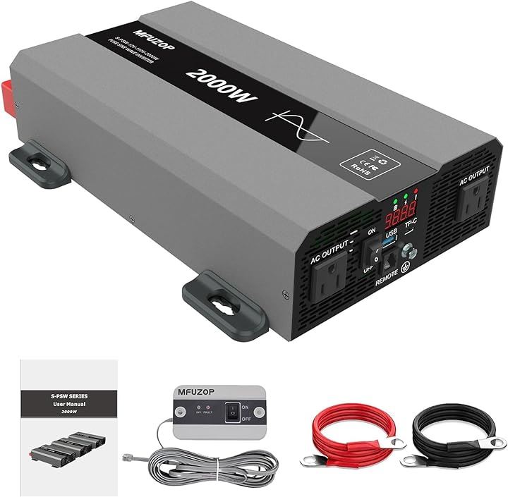 インバーター 2000W 正弦波 12V DC 110V AC 瞬間出力ーク4000W カーインバーター コンセントx2 USBソケットx1 TypeC (グレー, 12V2000W)