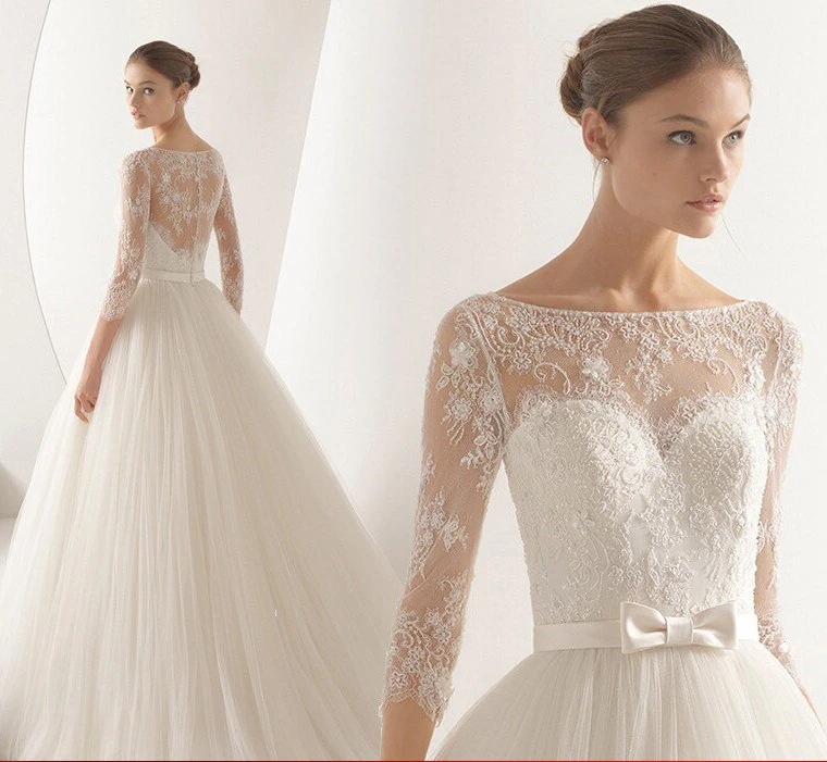 韓国ファッション 二次会 結婚式 パーティードレス ドリームレースフレンチ長袖プリンセスウエディングドレス花嫁ドレスで着痩せ ウエディングドレス シンプルワンワードショルダー花嫁ウエディングドレス