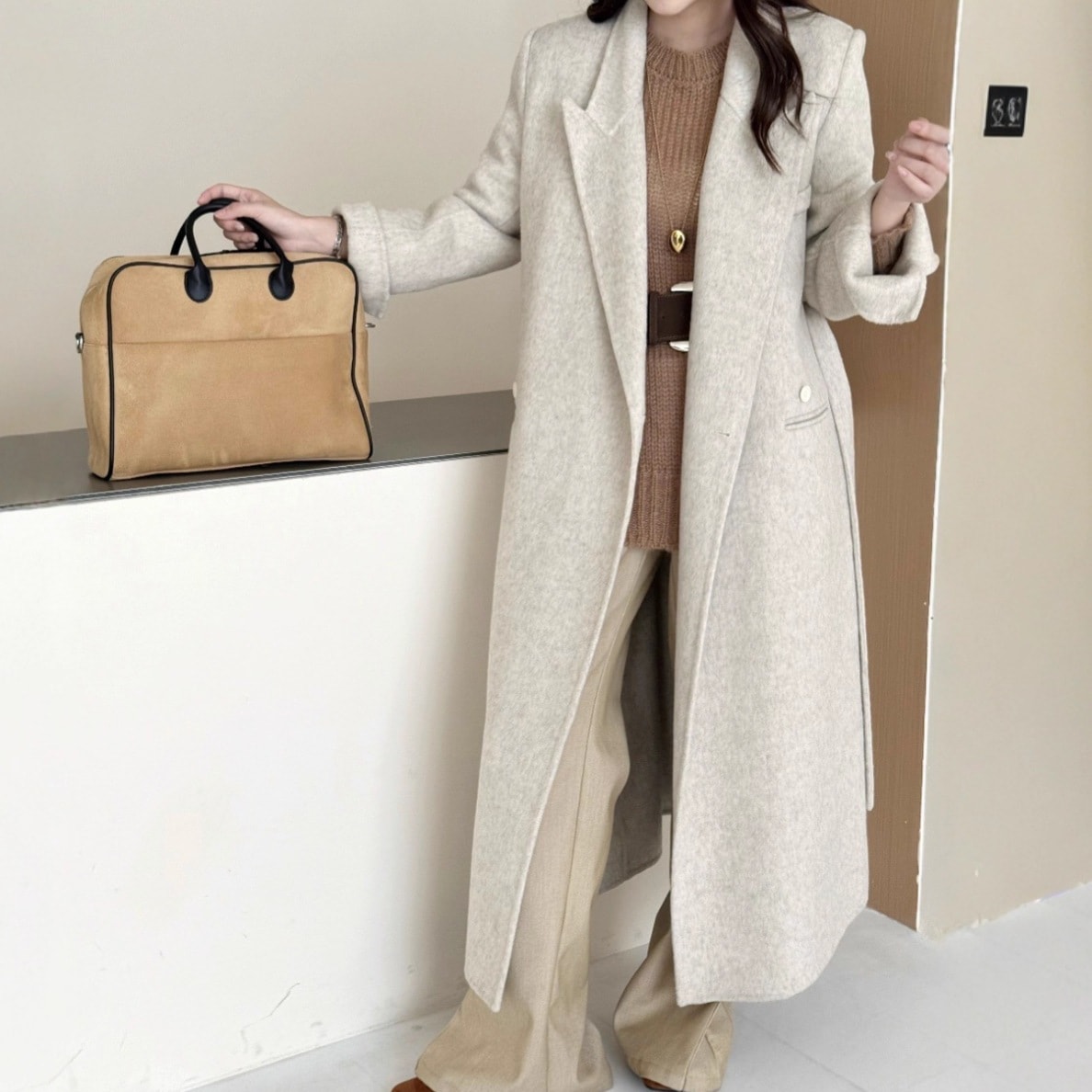 2025年秋冬 韓国風 シンプル＆エレガント ロングウールジャケット（肩パッド＆ベルト付き）韓国スーツジャケット