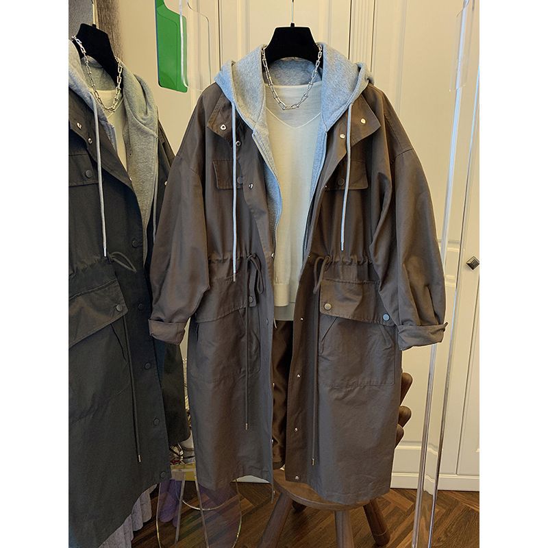 2025 秋の新カジュアル作業服ウインドブレーカージャケット女性のミッドレングスフード付きスウェットシャツスプライシングフェイクツーピースジャケット