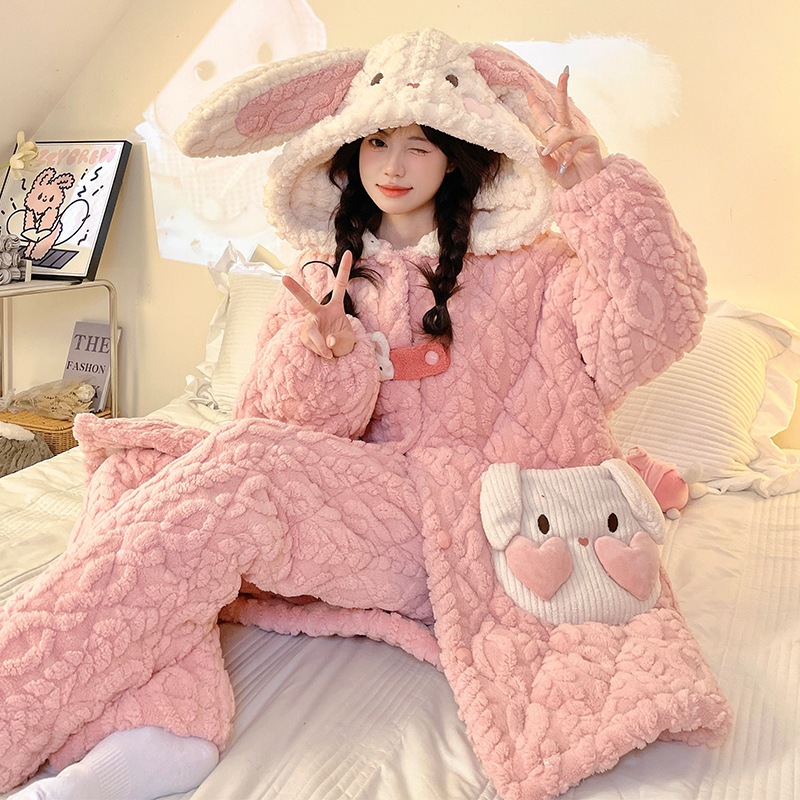 長耳ウサギパジャマ女性冬の3層綿サンゴ絨毯スリーパー中長加絨毯厚手保温部屋着