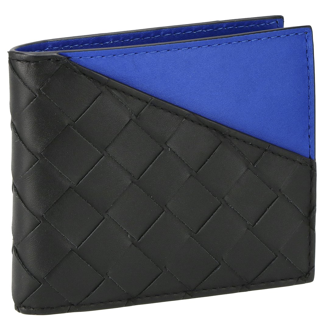BOTTEGA VENETA 619390-VCPQ7-1015 ボッテガヴェネタ 小銭入付二折財布 イントレチャート カーフスキンレザー ブラック/ブルー/シルバー