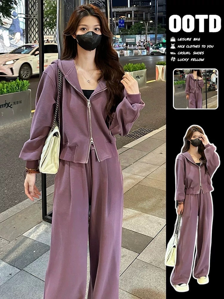 2025秋冬 韓国 かわいいレディース無地フード付き長袖アウターレトロセット黑白フーディーブルサイズ丈トップス春カジュアルスポーツファッション系通学学生袖お出かけダブルアップシルエットトラック