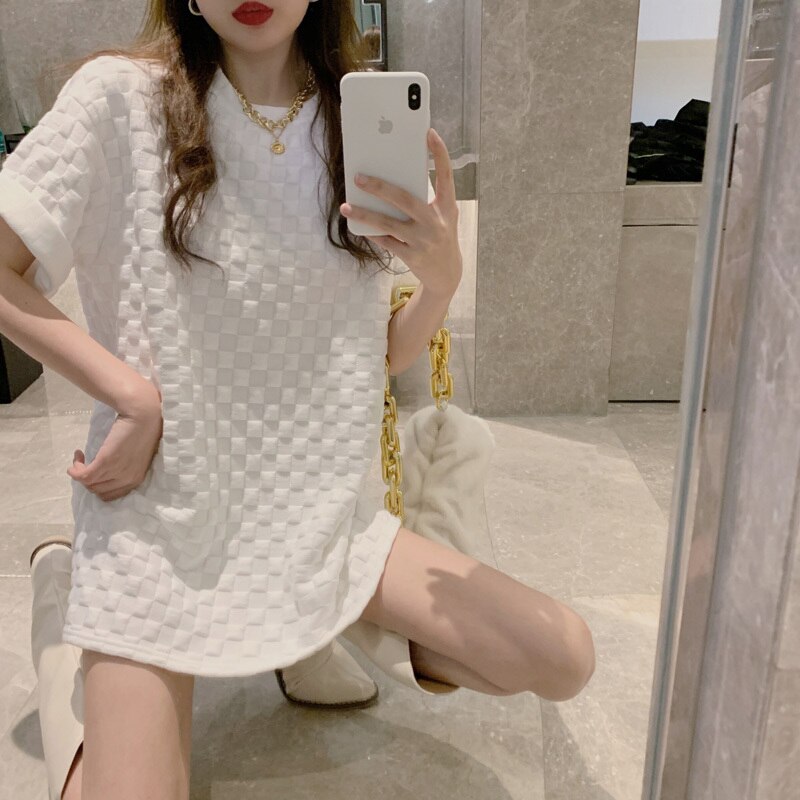 ブロックチェックチュニック レディース トップス カットソー チュニック丈 袖あり 半袖 長袖 クルーネック ストレート Iライン 伸縮性 薄手 かわいい 大人可愛い シンプル カジュアル 大人 上品