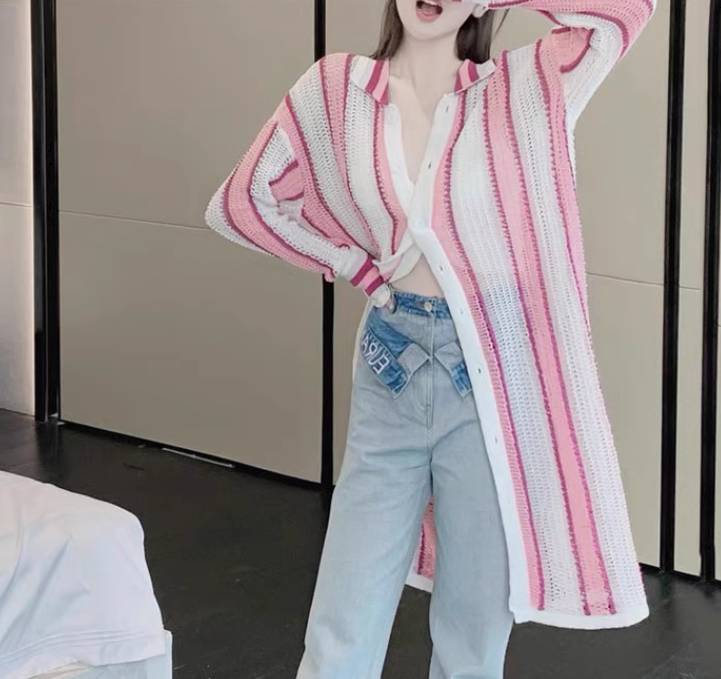 レディース トップス ニット カーディガン 羽織 前開き ロング 長袖 襟付き かわいい 大人可愛い シンプル おしゃれ ガーリー 個性的 存在感 ラブリー キュート ベーシック ストライプ 春 夏