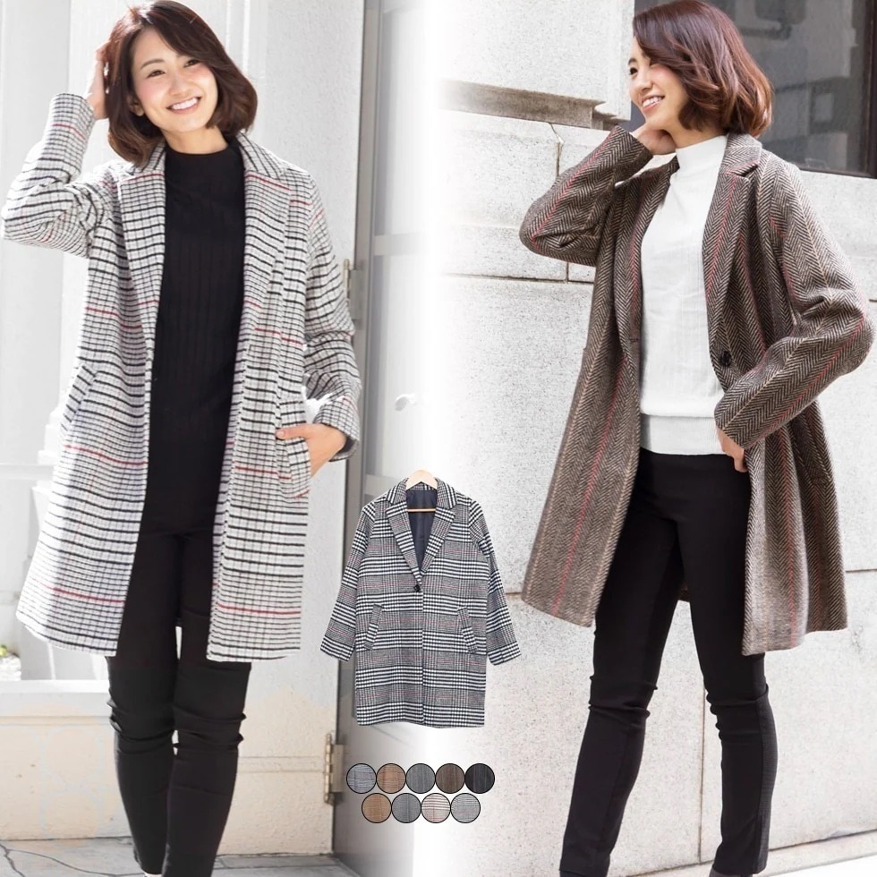フェイクウールチェックチェスターコート/アウター/a185570