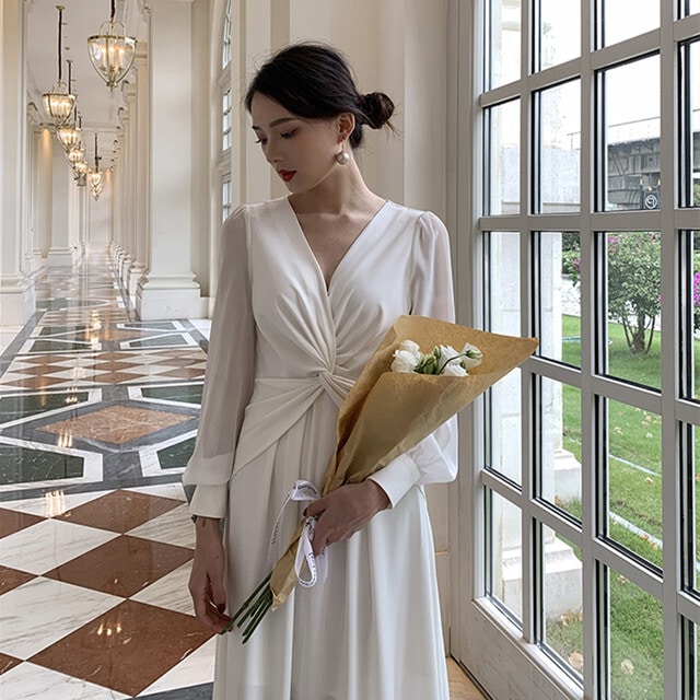 【送料無料】レディース Vネック スプリット 長袖 ドレス ワンピース レトロ ツイスト