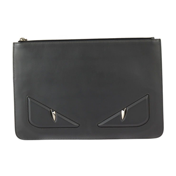 美品 FENDI フェンディ セカンドバッグ 7N0078 ポーチ バッグバグズ バグズアイ モンスター レザー グレー シルバー金具 クラッチバッグ 本物保証 中古