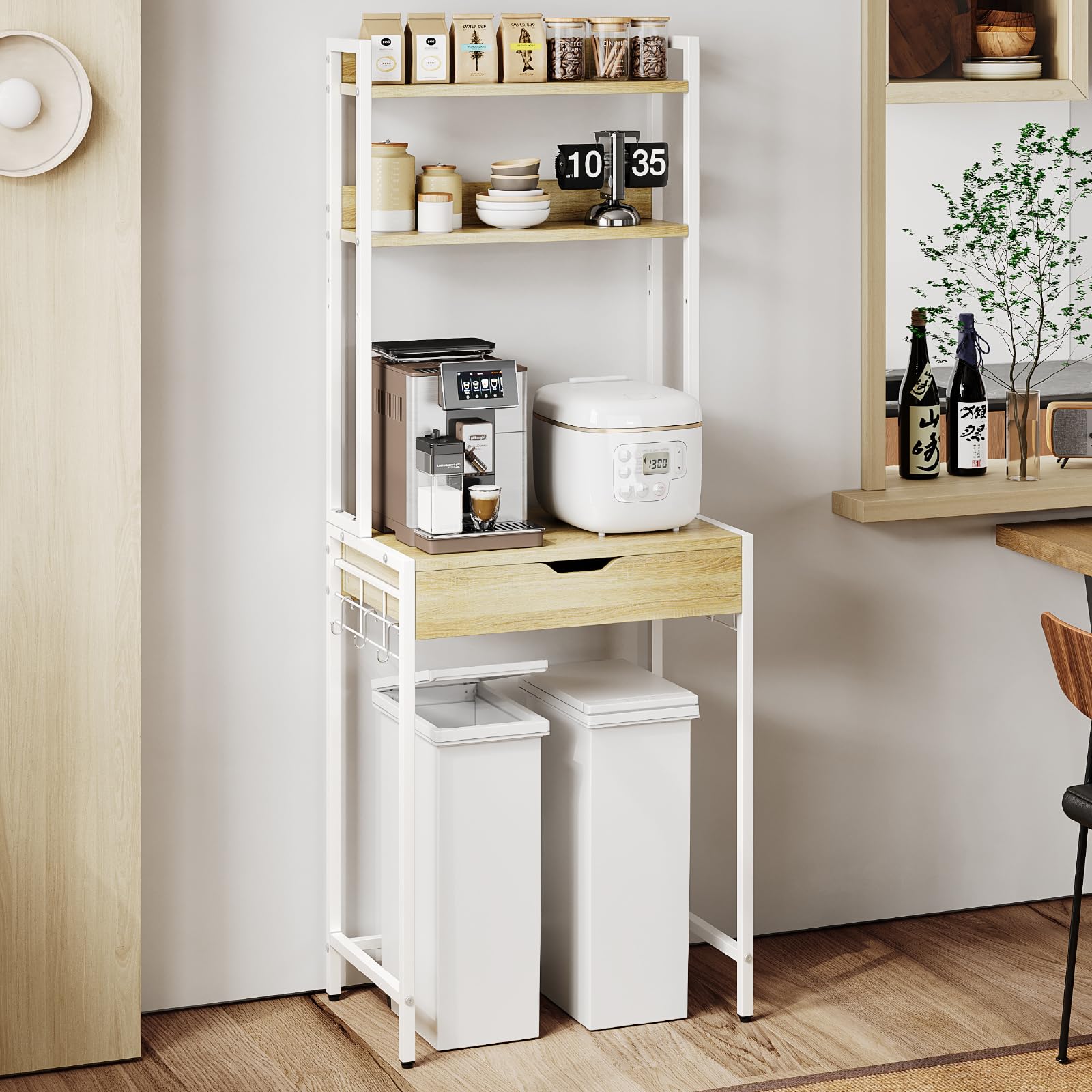 【全国送料無料】 Bestier ゴミ箱上ラック 幅64×奥行40×高さ170cm キッチンラック ゴミ箱上収納 レンジラック 引き出し付き スリム 頑丈設計 耐荷重54kg 大型電子レンジ対応 レン