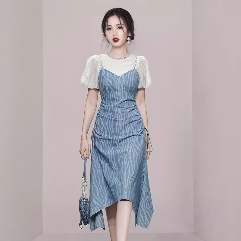 セットアップ 2点セット レディース シャツ シンプル ラウンドネック 無地 パフスリーブ 半袖 ワンピース アニマル タイガー キャミワンピ ゆったり アシメ シャーリング ミディ丈 ひざ丈