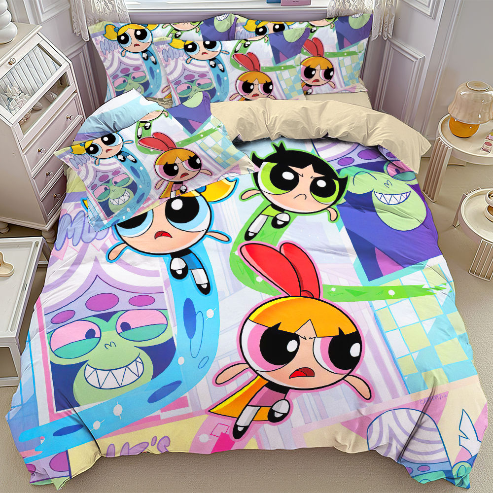【2点購入で10％OFF】純綿かわいいパワーパフガールズ児童部屋寝室4点セット綿綿柔らかいアニメ布団カバー3点セット
