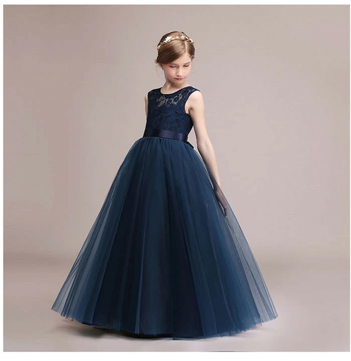 フォーマルドレス 女の子 キッズ　パーティー お姫様 チュールドレス マキシ丈 子供ドレス フォーマルドレス ステージ衣装 ピアノ発表会 こどもドレス 結婚式 演奏会 ネイビー 紺