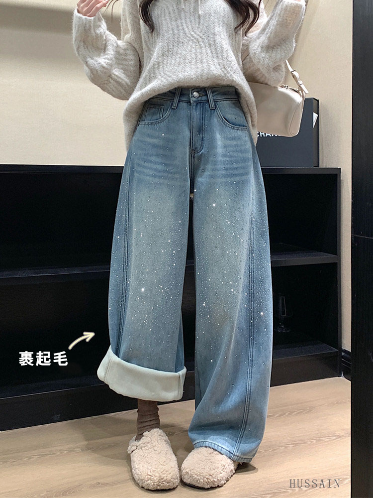 爆裂超特価デニムパンツ レディース 裏起毛 ワイドパンツ ラインストーンキラキラ 2026 秋冬 ハイウエスト ジーンズ ジーパン脚長効果厚手 暖かい 防寒 ゆったり 韓国 ファッション おしゃれ か