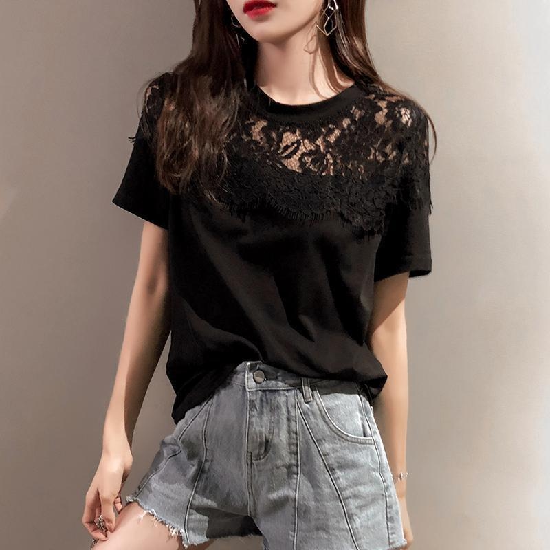女性用ヨーロッパ夏オーバーサイズレーススプライシング半袖tシャツゆったりとしたミドル丈のお腹カバーと万能なお腹カバートップス