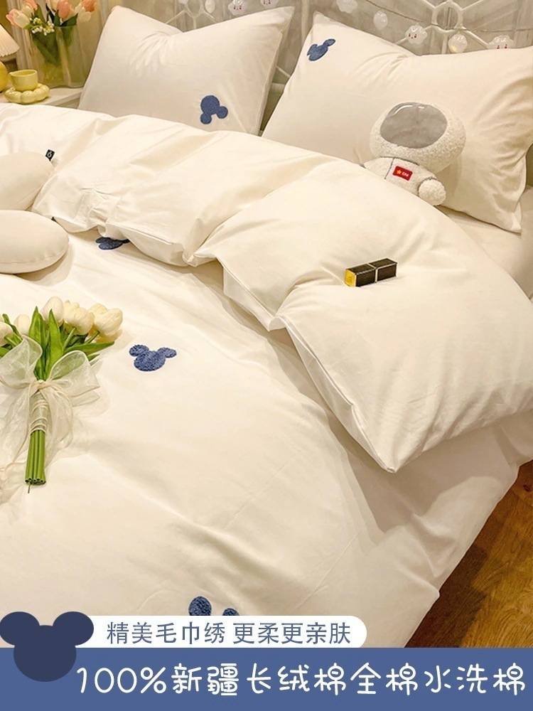 ミッキーコットンベッド4点セット ウォッシュドコットン コットン 子供用 ホワイト 寝具 掛け布団カバー ドミトリーシーツ 3点セット ボックスシーツ 3点セット