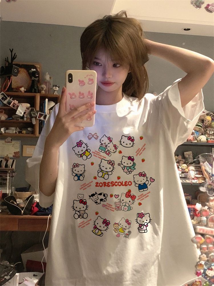 【急速出荷】キティちゃん 綿 tシャツ 半袖 S-3XL 4Color 男女兼用 レディース キャラクター 夏服 韓国ファッション大きいサイズtシャツマイメロディクロミちゃんシナモロールポチャッコ