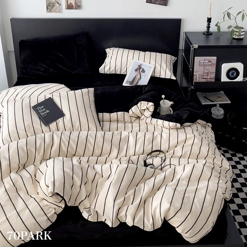 アイボリー ブラック ストライプ 冬用 布団カバーセット 全2種 ベッドカバー シングル ダブル クイーン ベッドリネン おしゃれ 韓国インテリア 韓国雑貨 韓国っぽ インテリア雑貨 70PARK