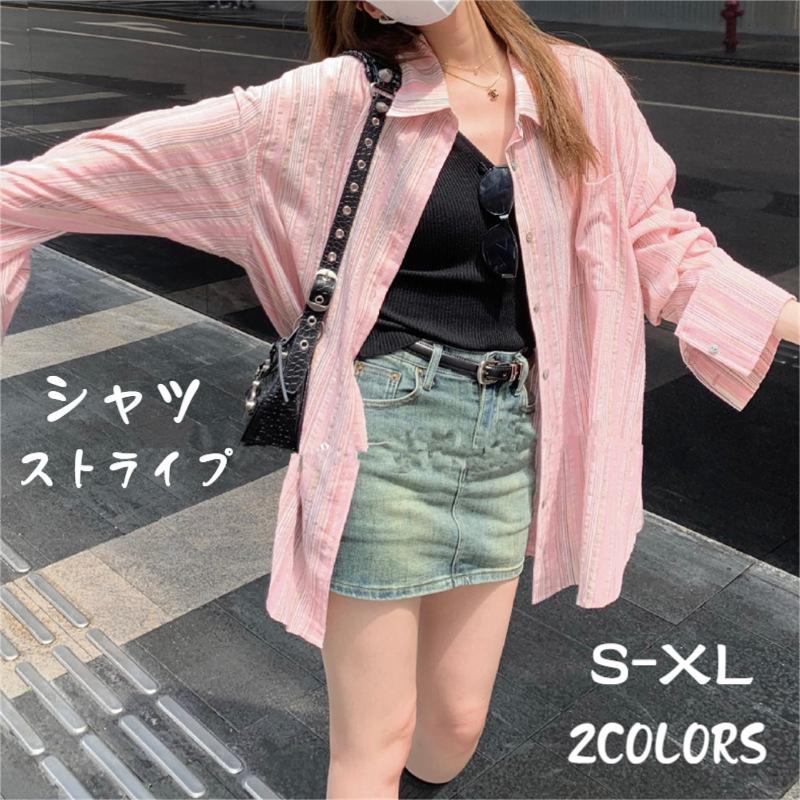 細い縦ストライプが入ったシャツ ストライプシャツ レディース 長袖 きれいめ シンプル カジュアル ストライプ シャツ トップス ピンストライプ マルチカラー オフィス 通勤 OL 大人 20代 30