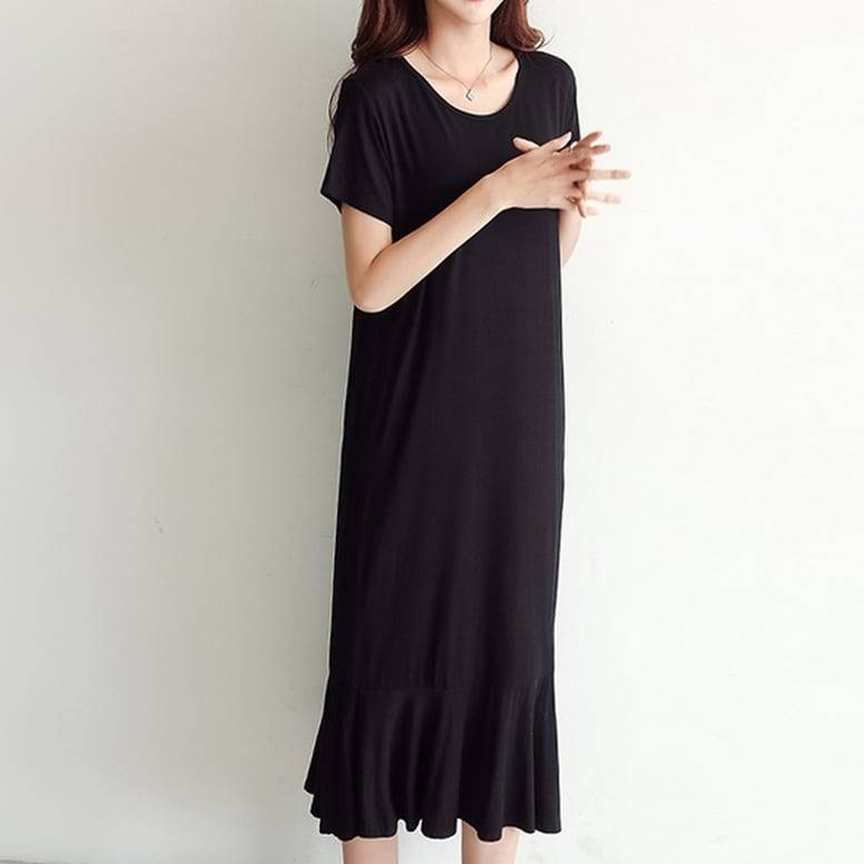 レディース ワンピース ロングシャツワンピース マーメイド 裾フリル 半袖 シャツ ドレス ミモレ丈 ラウンドネック 黒 ブラック ガーリー ルーズ エレガント フォーマル 春 夏 秋 冬 二次会 オ