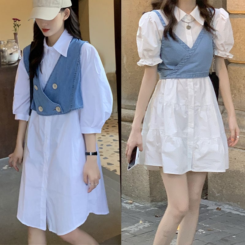 大人気のビスチェセットシャツデニムリボンビアップ 可愛いシャツワンピ