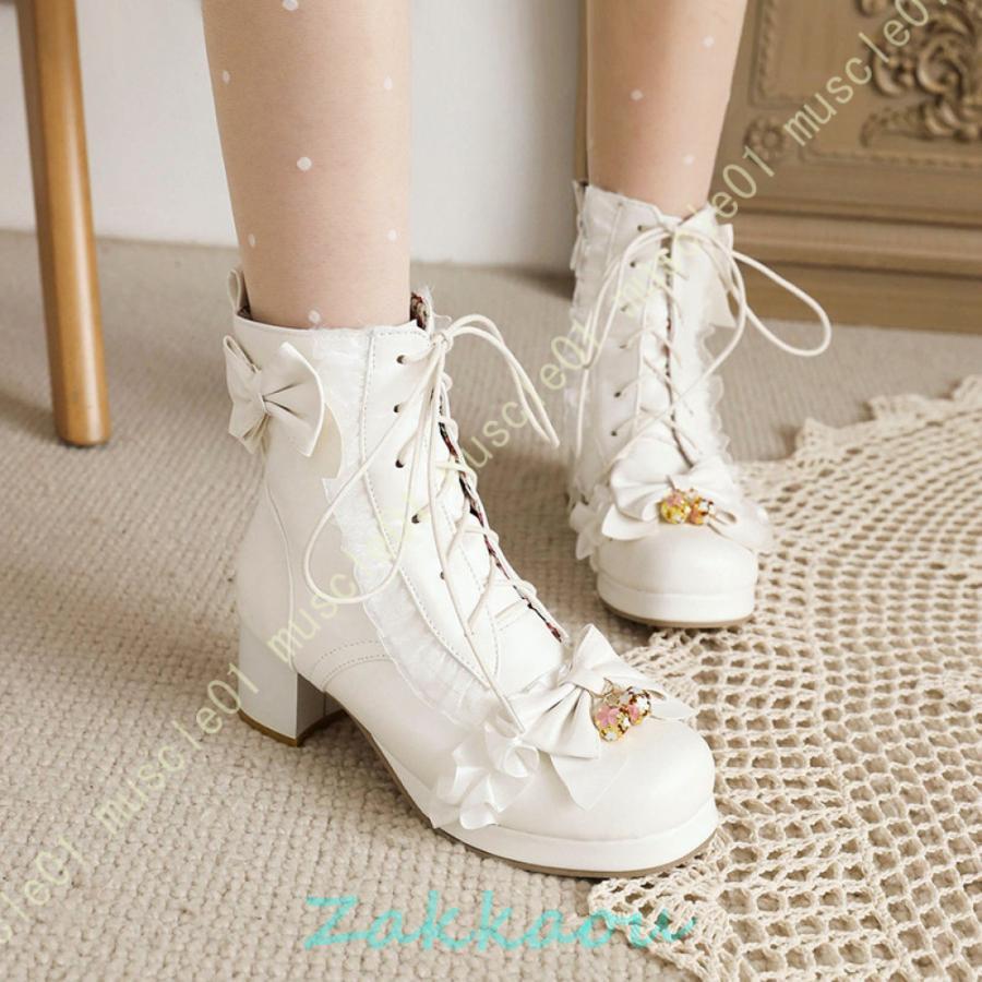 【人気N0.1 急速出荷】 ローヒール ショートブーツ レース 森ガール 厚底ブーツ 姫系ショートブーツ ローヒール 美脚 靴 レディース 黒白 日系 姫 ジッパー ロリータ 太ヒール 5cm