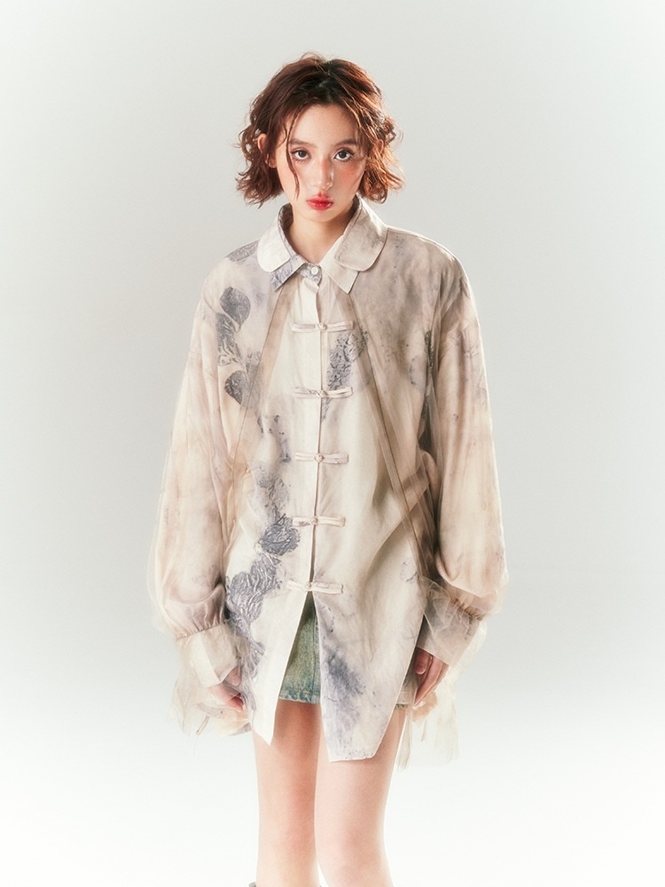 チャイナ風シャツ ブラウス レディース 長袖 ロングシャツ 植物染め オリジナル 重ね着風 チュール ダブル襟 個性的