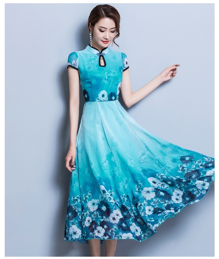 1944.チャイナドレス風花柄ロングドレス（ブルー）2019 春夏 sale 春夏 sale ワンピース フレア シースルー 半袖 エレガント お呼ばれ パーティー 結婚式 披露宴 女子会 レストラン