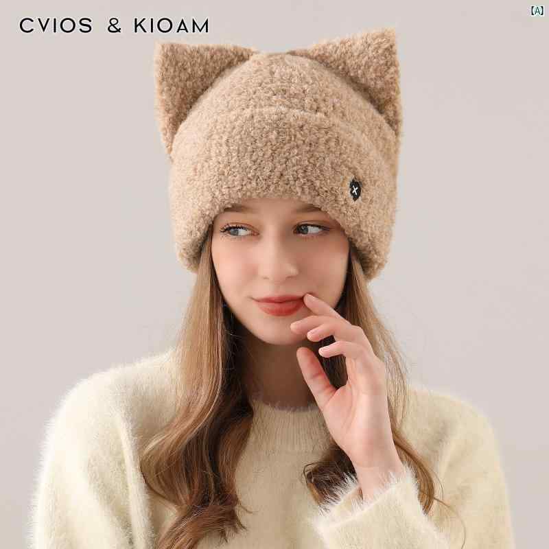 ユニセックス　ファッション　ファッション小物　冬　ウィンター CviosKioam かわいい 猫耳 ニット 帽子 レディース 冬 暖かい 耳保護 愛 刺繍 ウール カーリー ビーニー