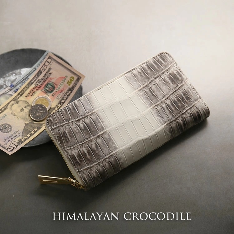 ヒマラヤ クロコダイル 長財布 ラウンドファスナー レディース ゴールド 金具 アウトポケット 付き 本革 鰐革 ファスナー財布 ホワイト 白 エレガント プレゼント 母の日 ギフト sc 4FA (
